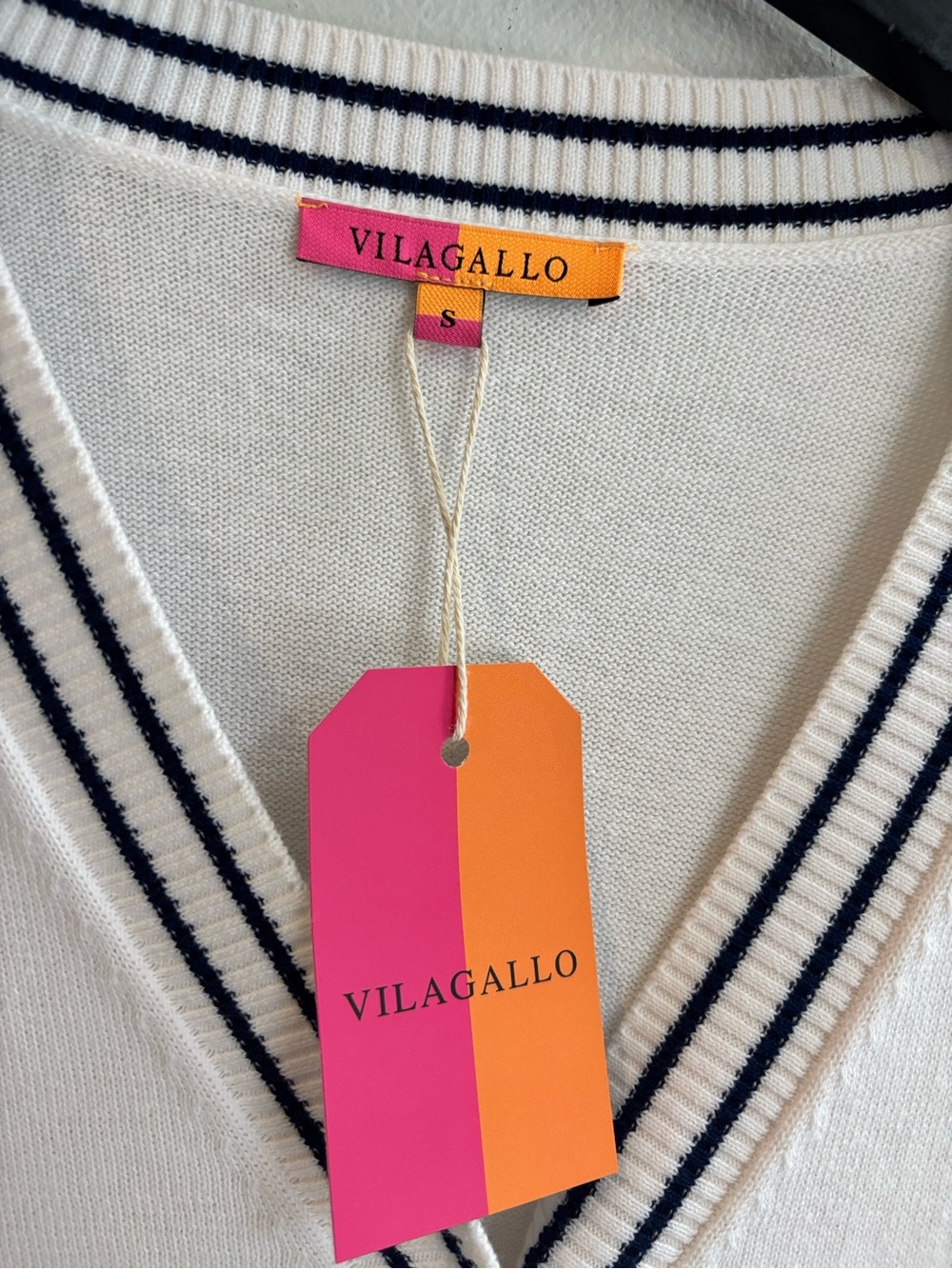 Vilagallo White Cardigan with Navy Trim and Pink Buttons - Picture 2 of 2